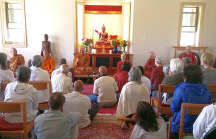 Ajahn Amaro giving a teaching in the Meditation Hall May 2018